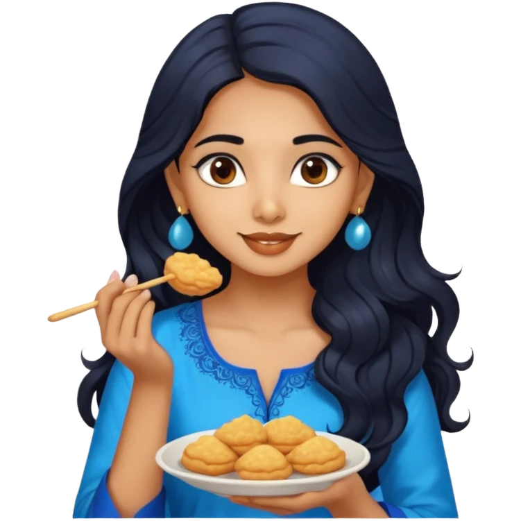 a pretty indian bratz girl with wavy long black hair. eyeliner on, wearing a blue kurti, eating golgappa emoji