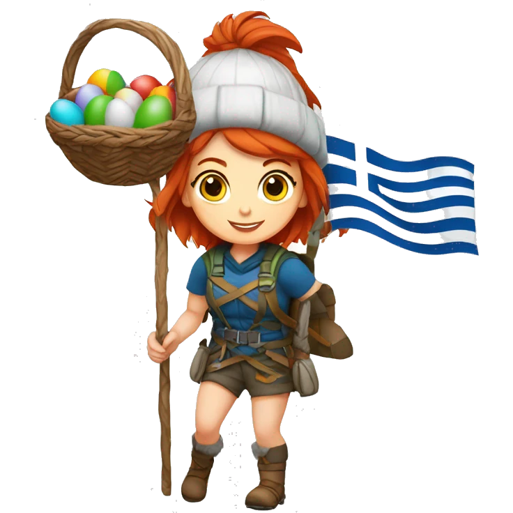 Greek Female winter mountaineer red hair white skin climbing with Greek Flag and Easter eggs basket emoji
