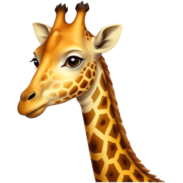 Cinematic Noble Giraffe Portrait Emoji, Poised and regal, with a towering, elegant build and a stunning, patterned Fur of warm yellows and browns, long, graceful neck and soulful, gentle eyes, Simplified yet sharp and sophisticated features, highly detailed, glowing with a soft, dignified glow, high shine, intelligent and graceful, stylized with an air of savannah majesty, focused and attentive, soft glowing outline, capturing the essence of a watchful and confident giant, so majestic it feels as though it could stretch out of the screen with effortless authority! emoji