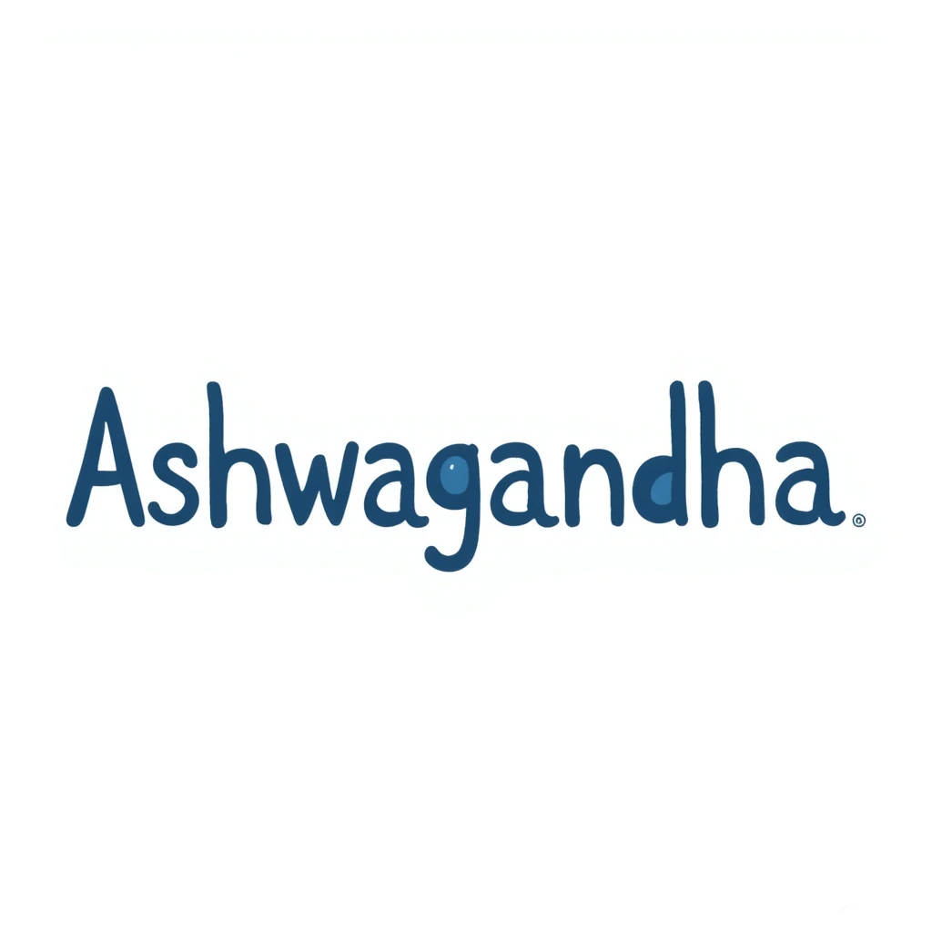 The word "Ashwagandha" hand-drawn in a cool blue and purple color palette. Simple doodle style with minimal decoration. emoji