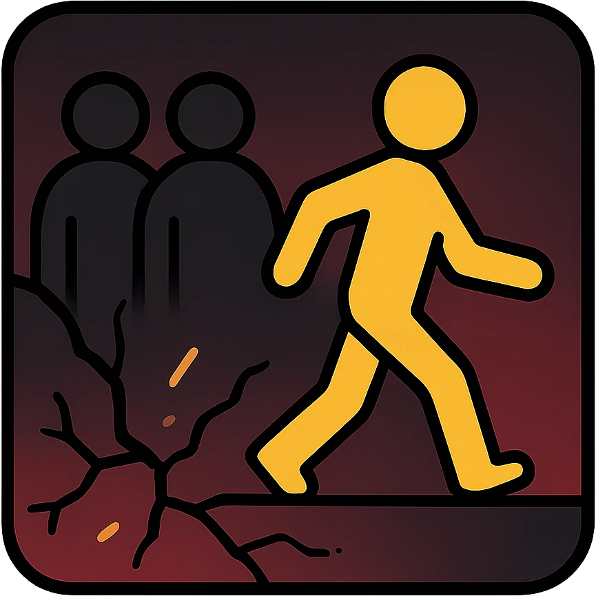 thumbnail with silhouette of person stepping away from shadowy figures, dark background with deep red and black gradients, faint cracks and spark effects emoji