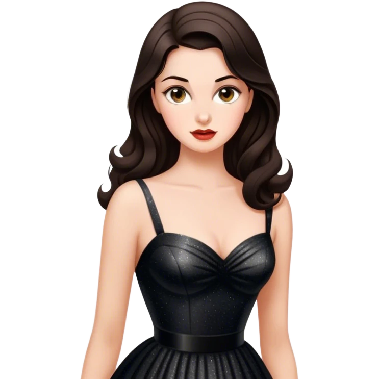 Beautiful woman in 1950’s woman fashion look, black shimmery dress, long dark brown hair, Carbonara emoji