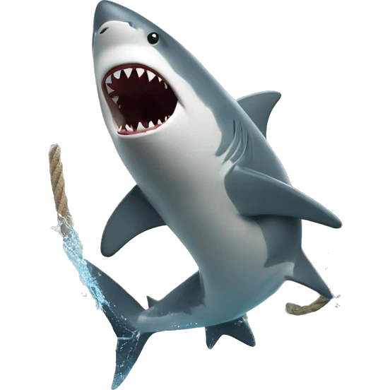 man holding a sharkwith a rope around its mouth and jumping out of water with it emoji