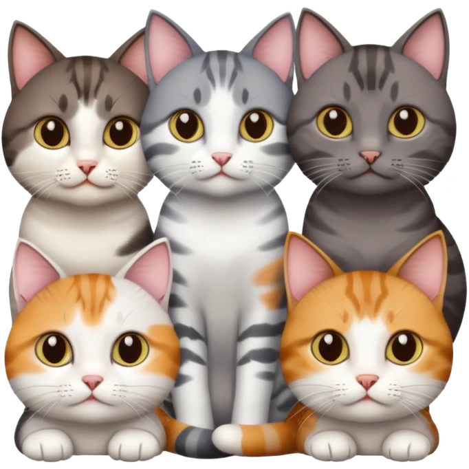 4 different coloured short haired cats including; a dark brown tabby and white cat, and a dark grey and white  emoji