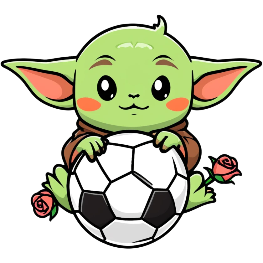 baby yoda kicking a soccer ball with small roses beside him emoji