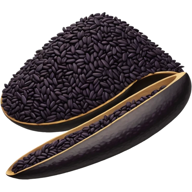 loose scatter of uncooked black rice grains, glossy elongated shape, deep purplish-black color, smooth slightly curved surface, subtle natural variations in tone, soft lighting, subtle shadows, emoji scale emoji