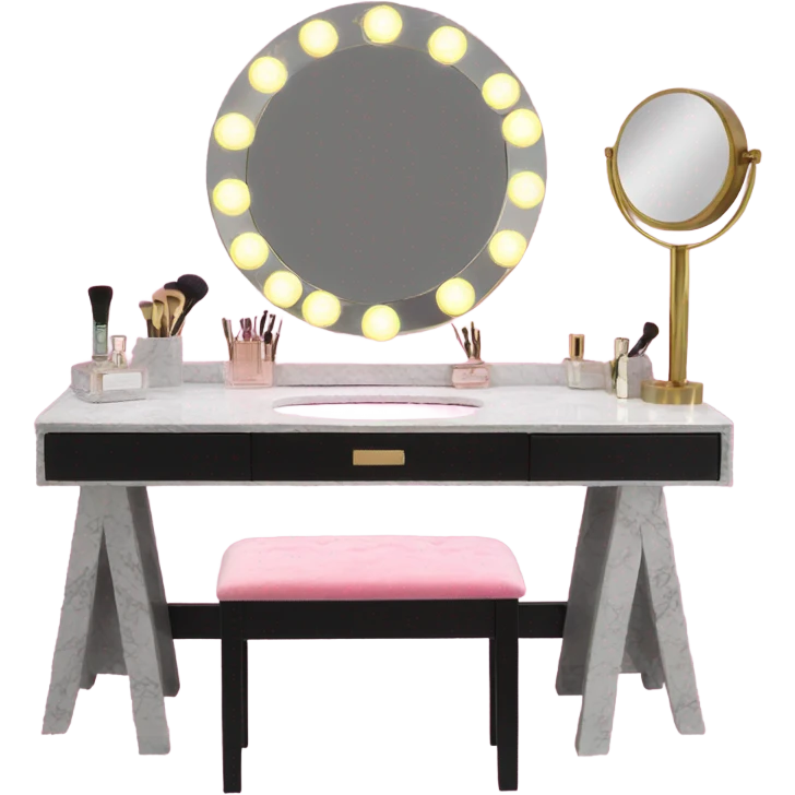 Vanity table with led light mirror and pink crushed velvet vanity seat emoji