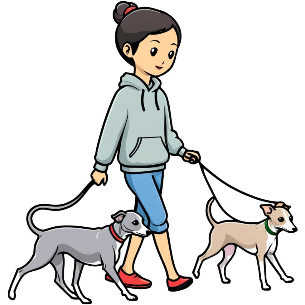 Asian girl walking an all grey Italian greyhound with no white nose, completely grey dog emoji