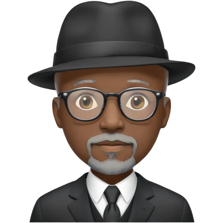 Bald mature Black male with Grey goatee and light glasses in a nice black suit and dress hat
 emoji