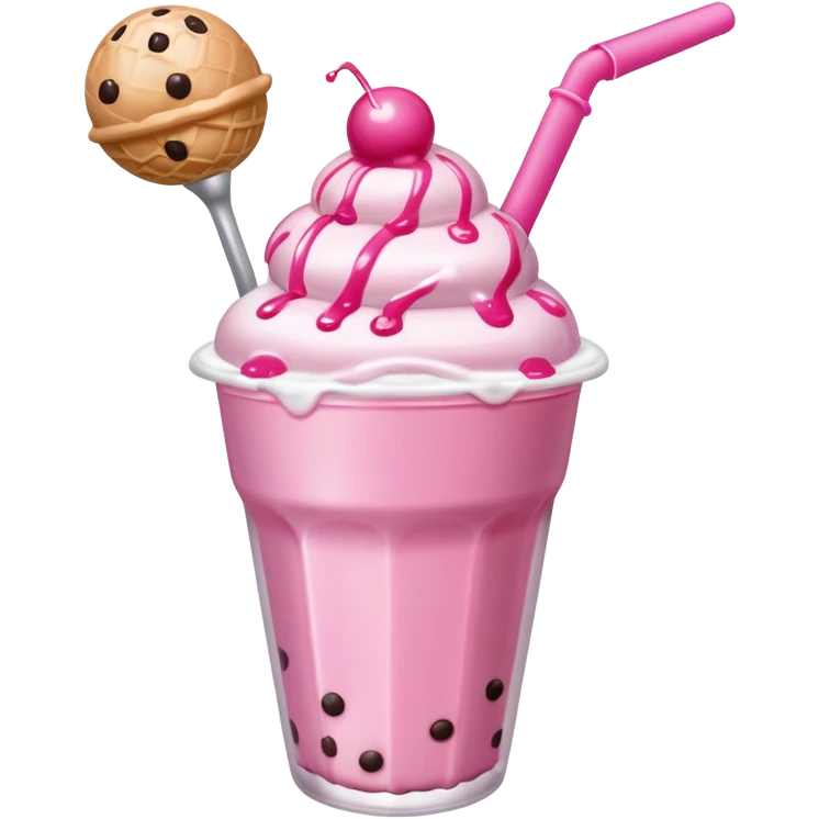 Boba with pink straw, pink syrup, popping balls and ice cream scoop emoji