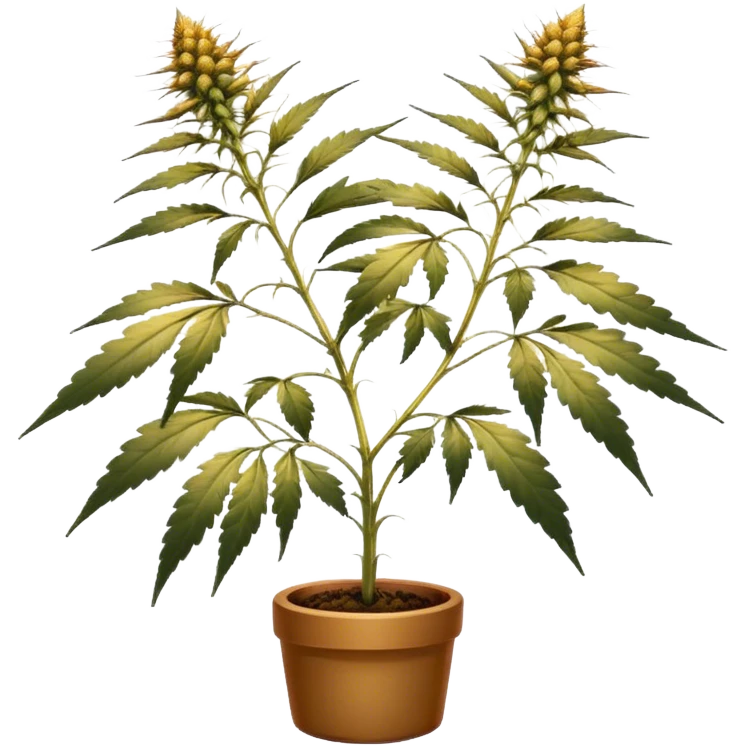 small cannabis plant at late harvest stage, modestly sized, uneven growth structure, thin branches supporting medium size female buds, leaves showing natural discoloration in shades of yellow and brown, clearly visible trichomes with amber hues, resin-coated buds ready for harvest emoji