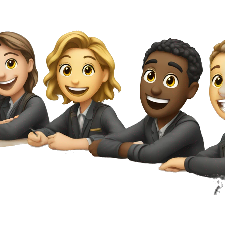 3 European students sitting at desk. They are laughing at lesson emoji