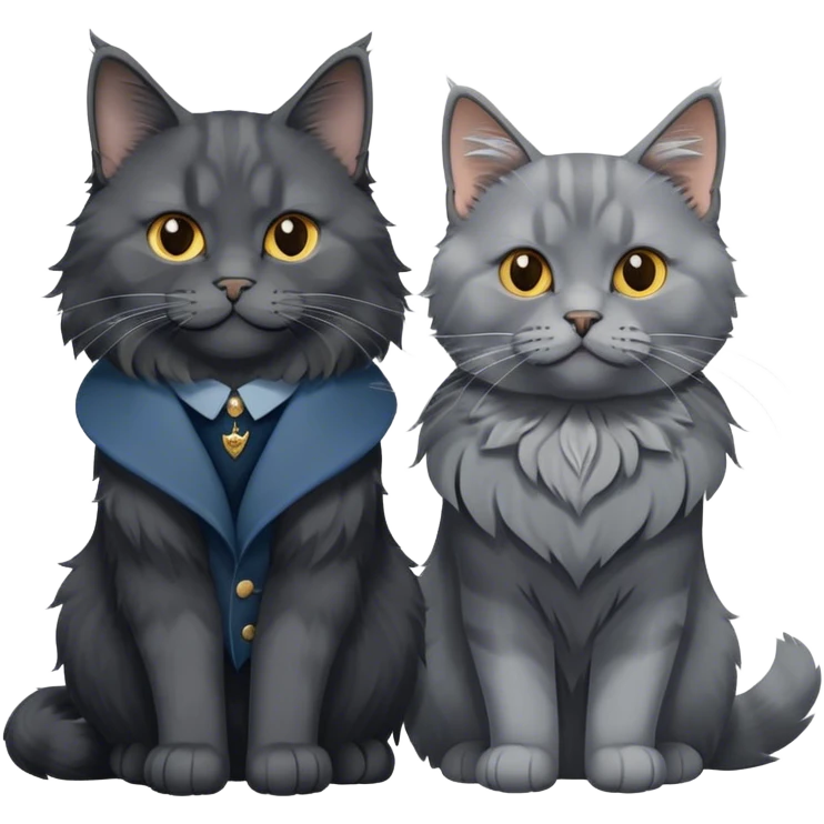 Portrait of a black smoke Maine Coon cat with long grey ear tufts and a thick grey collar, alongside a British Shorthair cat with a solid blue coat. Both cats with detailed fur textures and playful expressions. Soft, elegant background with warm, natural tones. Transparent background. emoji