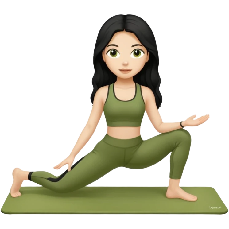 pilates girl in green olive set whit black long hair  emoji