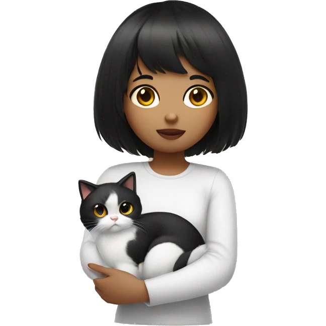generate an apple emoji of a girl with black hair and bangs holding a white furry cat emoji