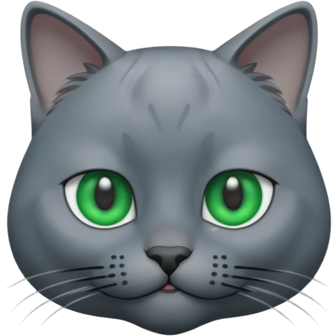 A 3D cartoon Russian Blue cat in cool silver-gray tone, smooth fur, green eyes, sleek lighting, cinematic 3D Memoji style. emoji