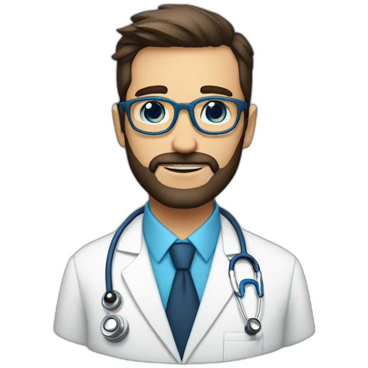 Doctor rubio con lentes azules, barba emoji
