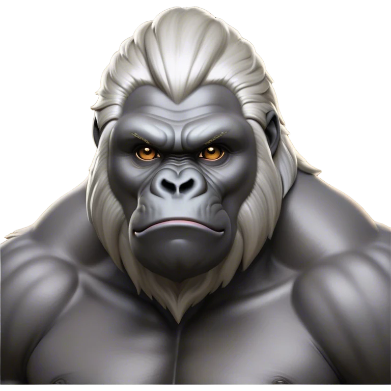Cinematic Noble Silverback Gorilla Portrait Emoji, Poised and majestic, with a powerful, muscular frame accentuated by a distinguished silver mane and piercing, wise eyes, Simplified yet sharp and sophisticated features, highly detailed, glowing with a soft, regal jungle glow, high shine, intelligent and commanding, stylized with an air of imperial strength, focused and resolute, soft glowing outline, capturing the essence of a watchful guardian that feels as though it could step out of the screen with effortless authority! emoji
