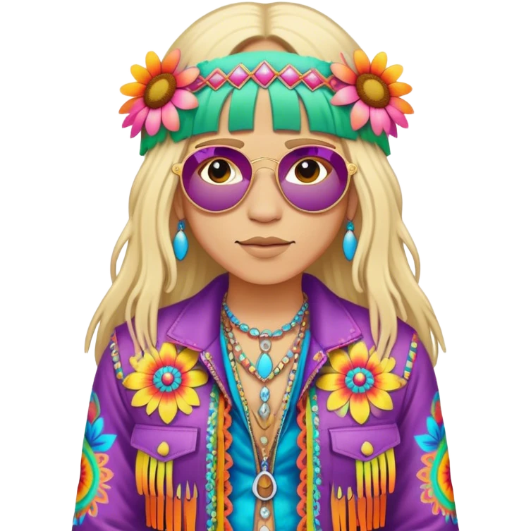 3D, psychedelic colored hippie wearing hip huggers and a fringed jacket with flower border emoji