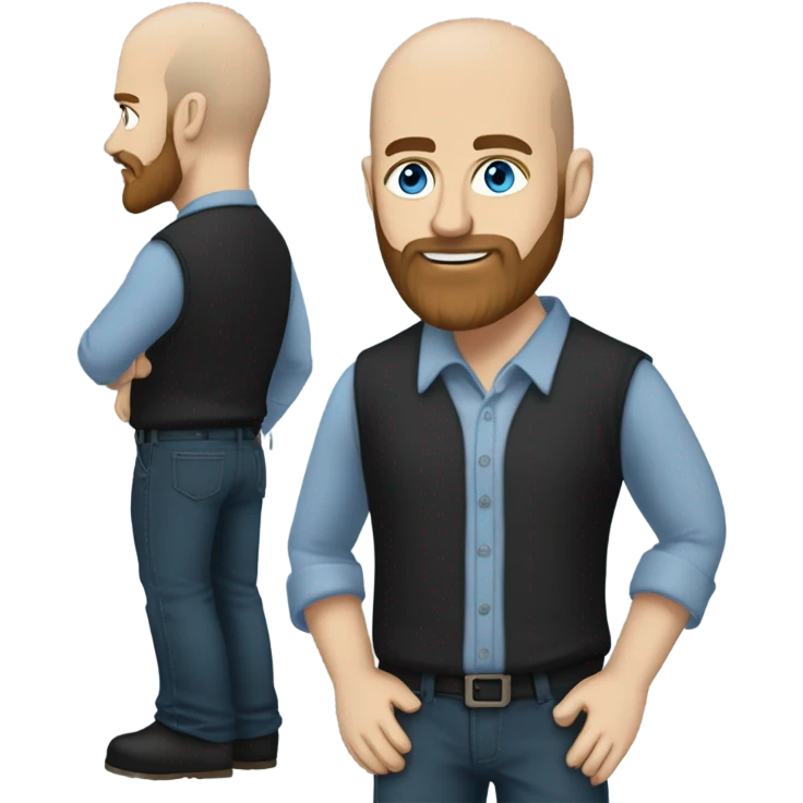Bald, Caucasian, sky-blue-eyed, Psychotherapist in a modern colorful chair. He has a brown full beard and he’s Wearing a black dress shirt with a subtle pattern, blue jeans and black Chelsea boots with his legs separted leaning forward grey in goatee emoji