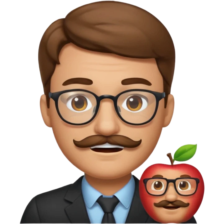 2D apple emoji style man with light skin, brown hair, mustache, glasses, winking emoji
