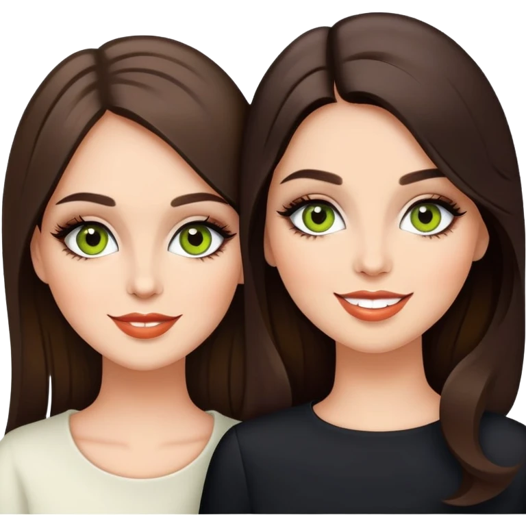 Happy sisters, brunettes, chartreuse eyes, makeup, stylish emoji