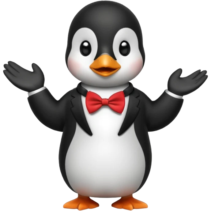 Un pinguino con una pajarita roja haciendo el gesto con la mano de cumplir una promesa. Como este pero con la palma de la mano abierta  emoji