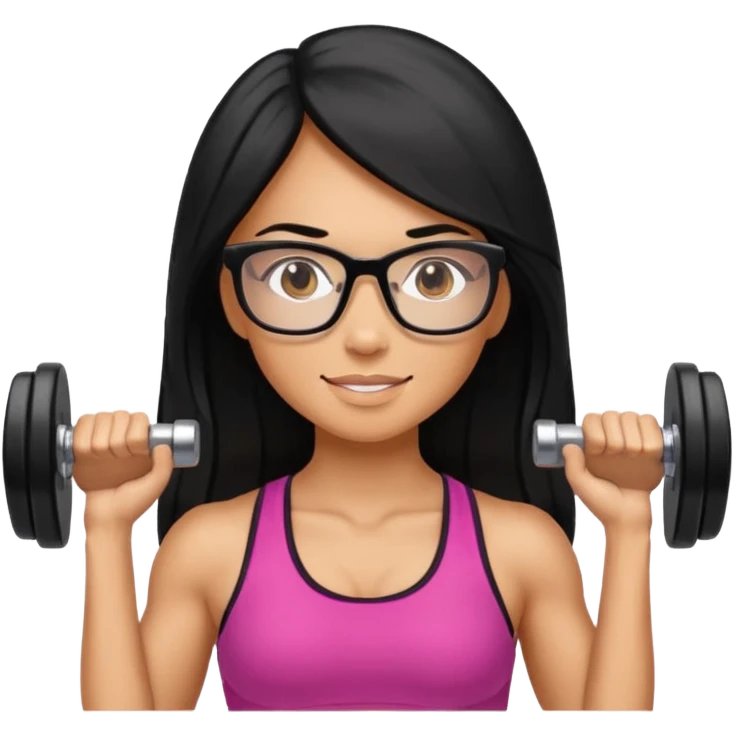 Mujer fitness usando mancuernas con lentes de marco delgado y cabello largo negro emoji