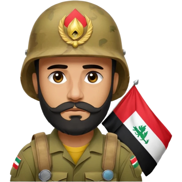 A very tired and sad, swarthy Iraqi soldier with a beard, an Iraqi flag on his helmet, a sad expression and bags under his eyes emoji