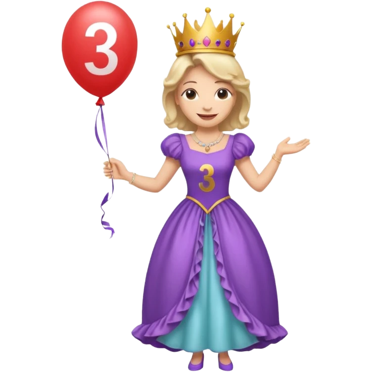 queen wearing dress, holding balloon in shape of number 3 emoji
