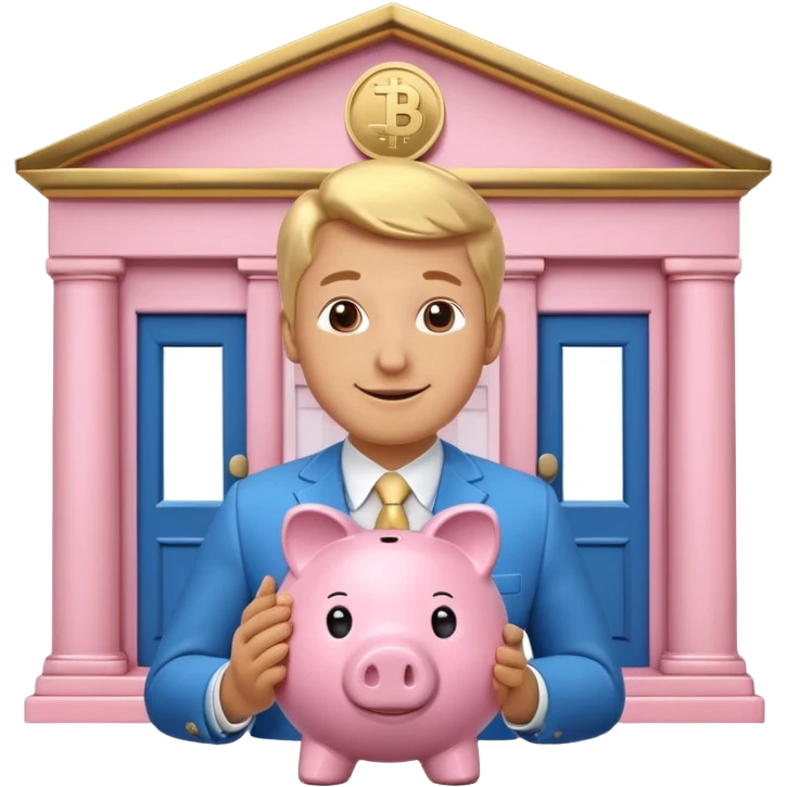 A clean emoji-style icon: A piggy bank with a coin, placed in front of a small bank building. The bank symbolizes company pension and financial security. Rounded forms, flat colors, minimal details like a standard emoji. emoji