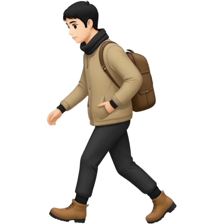 The Walking Man black hair all body from the side and taking a step in winter clothes emoji