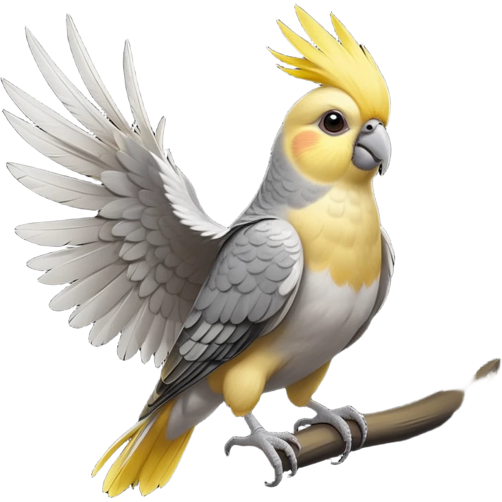 cinematic-[cockatiel]-realistic-full-body-perched-emoji,-wings-tucked-neatly,-head-tilted-dramatically,-sleek-[yellow and grey]-feathers,-simplified-yet-realistic-focused-features,-highly-detailed,-glowing-with-an-almost-sarcastic-glow emoji