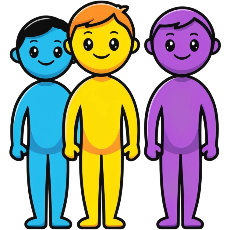 Three smiling characters standing together with complementary personality traits symbolized by different colored auras that blend harmoniously emoji
