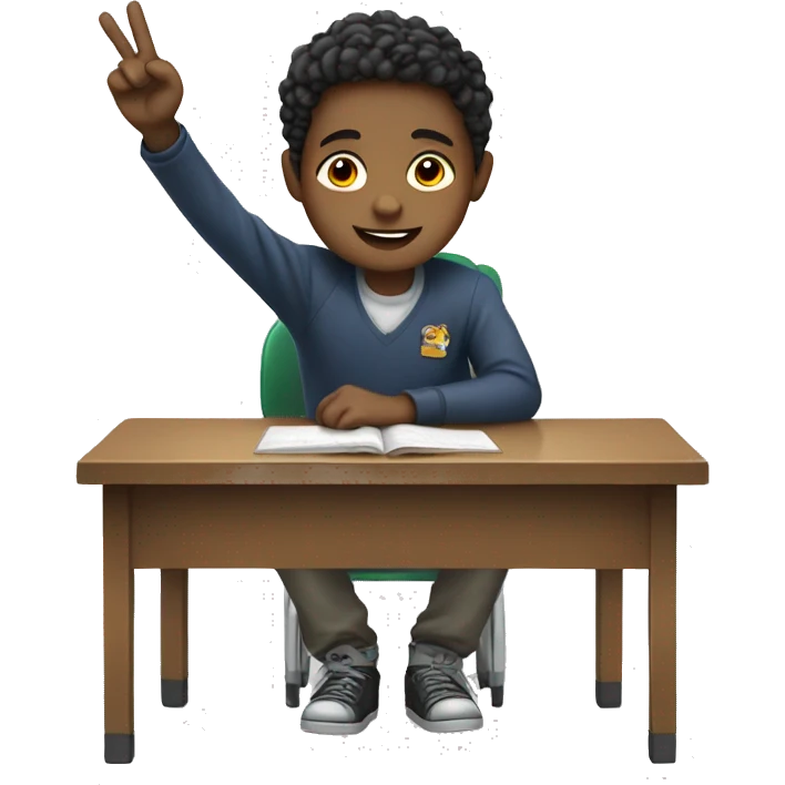 boy is sitting at school desk, hand is raised emoji