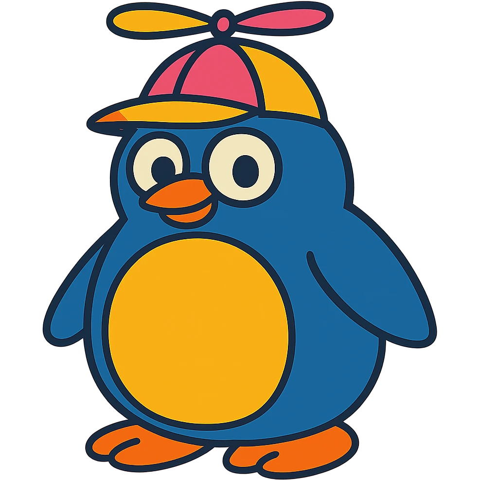 Change the penguin's spinning propellor hat to pink and yellow, keep the vibrant toon style, with no background. emoji