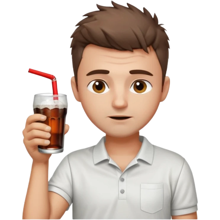 Handsome male.short messy brown hair.mowhawk hairstyle. wearing white golf shirt.grey shorts. Drinking coke . Drunk emoji