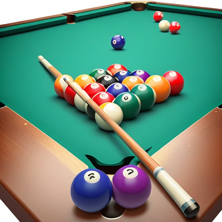 Two crossed pool cues resting on a billiard table, with colorful billiard balls scattered across the surface. The background features the felt of the table, creating an inviting atmosphere for a game of precision and strategy emoji