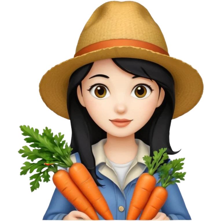 girl with black hair wearing a hat holding carrots emoji