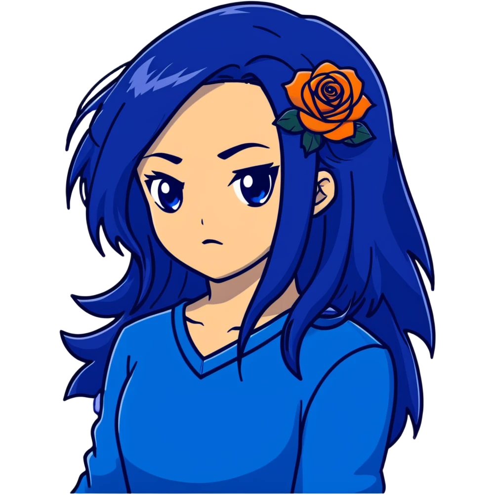 head portrait of anime girl with long dark blue hair, blue rose in hair, intense glaring blue eyes, dramatic JoJo's Bizarre Adventure style expression, sharp angular features, extreme close-up, dynamic pose emoji