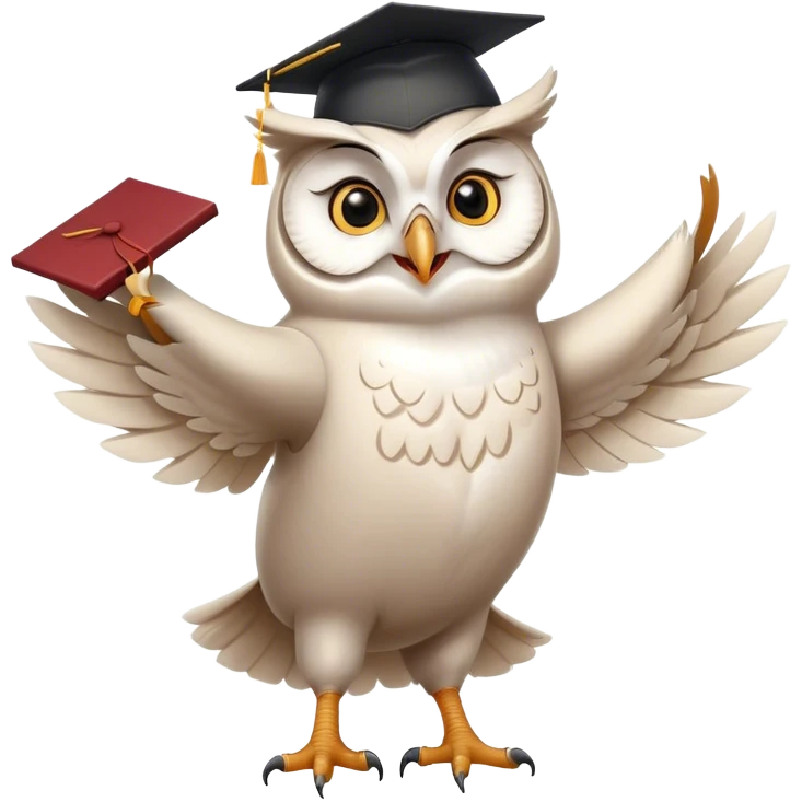 happy white Owl dancing with graduation hat and diploma in claws emoji