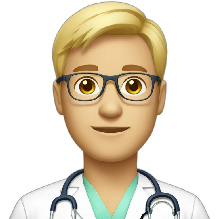 male doctor with short blond hair, clear yellow glasses, and scrubs profile pic emoji