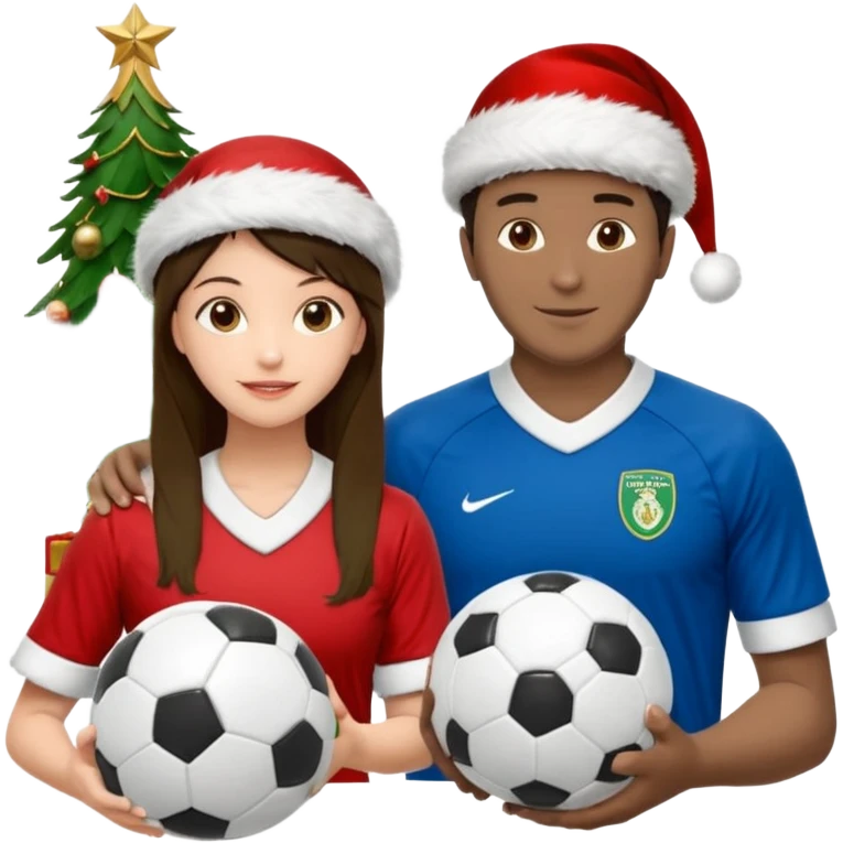 3 atletas, um homem no meio e duas mulheres com cores de pele diferentes, usando elementos esportivos, bola de futebol, luvas de luta e bola de vôlei. Coloque um chapéu de papai noel das cores verde e com uniforme azul e branco emoji
