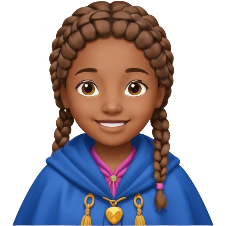 brown skin girl with braided hair, wearing blue cloak, smile emoji