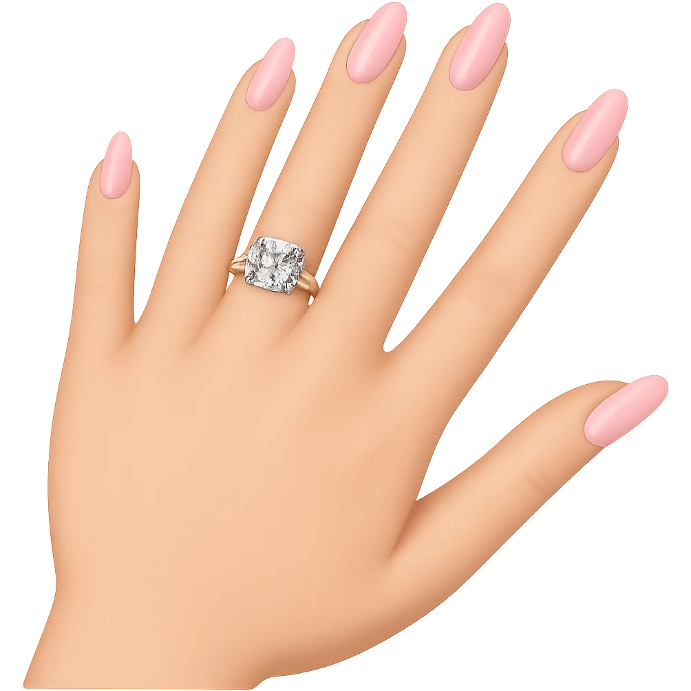 Edit the image to depict a woman's hand with 5 fingers, long light pink nails, and an engagement ring, in an emoji style with a transparent background. emoji