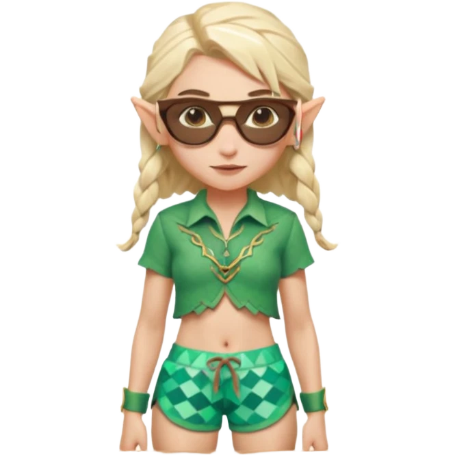 elf female legolas portrait, patterned board shorts (geometric/abstract), unique wooden-framed sunglasses, undercut hairstyle, slight smirk, visible pointy ears, no background, centered emoji, hipster summer vibe coctails  emoji