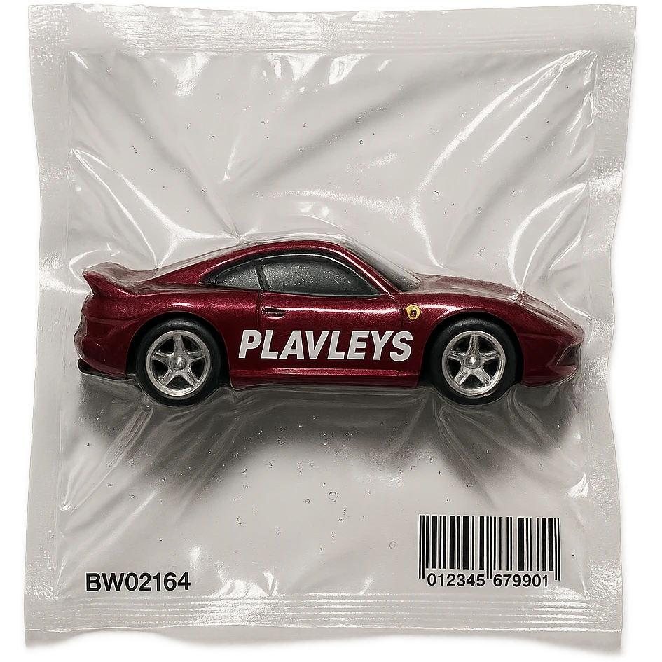 burgundy Hot Wheels toy car Ferrari with the word 'PLAVLEYS' written on the side, glossy and puffy, vacuum-sealed style emoji