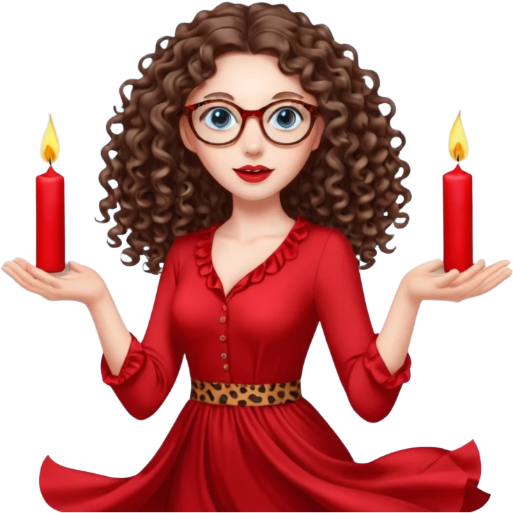 a blue eyed woman with very long brunette curly hair, full lips,and really pale skin. She is wearing a leopard printed thin round-ish glasses . She is wearing fully plain silky red dress. She is flying on the air. There are red candles in her hands. She is making a magic. emoji