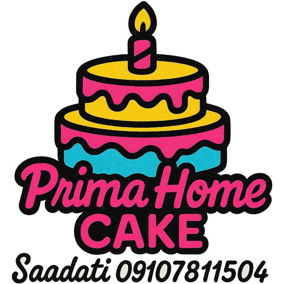 A stylish logo for 'Prima Home Cake' with the text 'Saadati 09107811504' in a printable format, playful cursive font, vibrant colors, suitable for cake decoration emoji