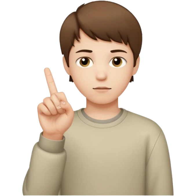 Pale young teenage boy with short brown hair giving middle finger emoji